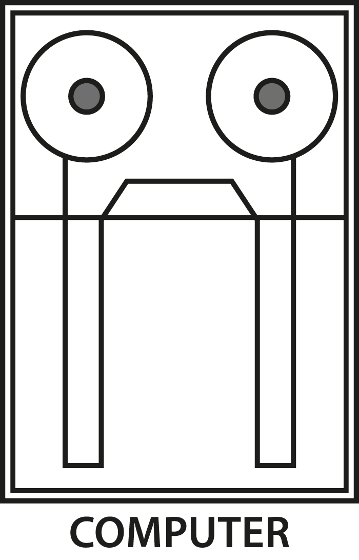 A simplistic line-art model of a tape-deck computer (two reels, a tape) that looks like a very sad face, "computer" spelled out below