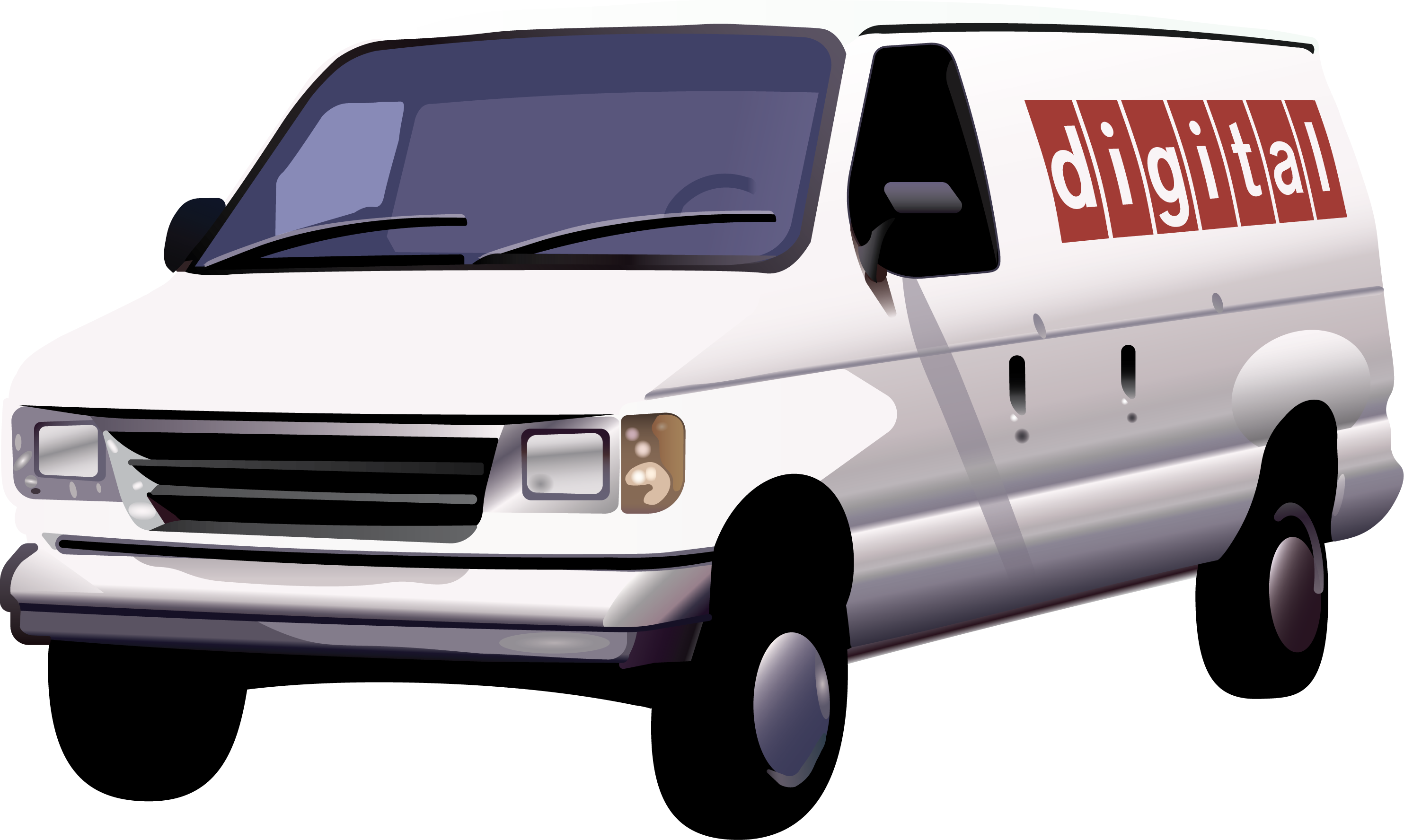 white 70s-style van, big red DEC (Digital Equipment Corporation) logo saying "digital" on the side